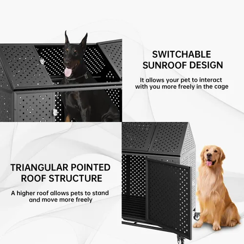 Miniatura 3 de 48" Jaula para Perros de Alta Resistencia Jaula Grande de Metal Fuerte para Perros Grandes con Parte Superior Abierta con 2 Puertas 4 Ruedas