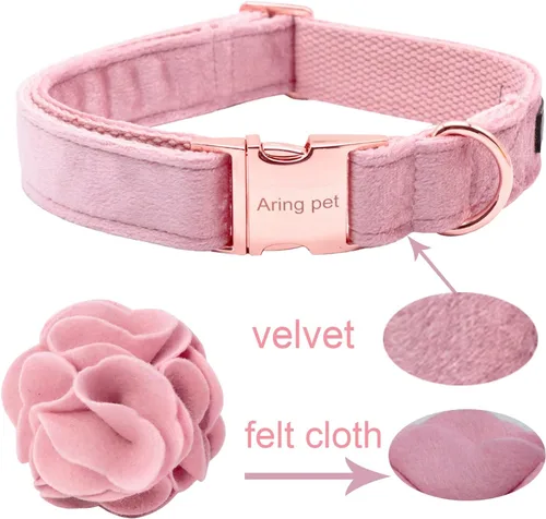 Miniatura 6 de ARING PET Collares de terciopelo para perros, collar suave rosa con flor de fieltro desmontable y hebilla metálica para perros cachorros, pequeño