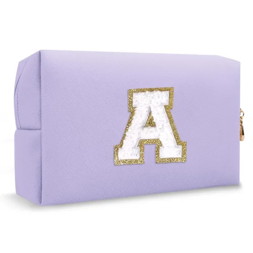 Miniatura 175 de Pequeña bolsa de maquillaje personalizada con inicial A-Z Preppy Patch, bolsa de cosméticos de viaje de felpilla blanca con cremallera, bonita bolsa