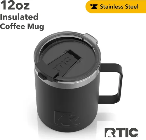 Miniatura 3 de RTIC Taza de café con asa, 12 onzas, color negro, portátil de viaje térmico para campamento, aislada al vacío con tapa, acero inoxidable, a prueba