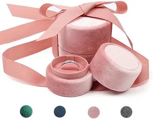 Beatilog Caja de terciopelo para anillos Hermosa caja redonda para anillos de boda con elegante lazo de cinta, organizador de regalo para