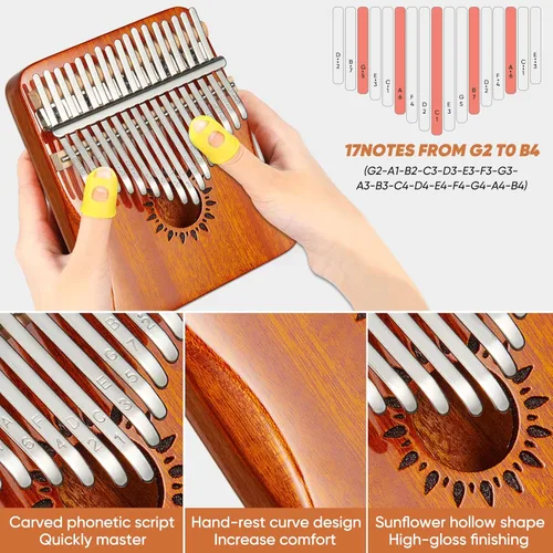 Miniatura 2 de AARVI Kalimba - Piano de pulgar portátil de 17 teclas Mbira con martillo de afinación e instrucciones de estudio, instrumento musical, regalo