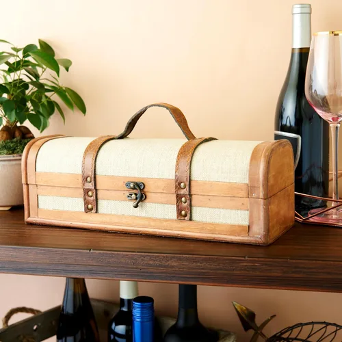 Miniatura 5 de Twine Caja de regalo vintage para botella de vino, caja de vino de madera con tapa y asa, madera, piel sintética, latón, tela, capacidad para 1