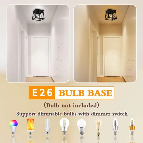 Miniatura 4 de 1 Light Black Industrial Flush Mount Ceiling Light Fixture - Square Farmhouse Caged Ceiling Light for Closet Kitchen Hallway Porch, E26, Dimmable