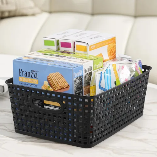 Miniatura 4 de Cestas de almacenamiento de tejido de plástico, cestas de plástico para estantes, color negro, 4 paquetes