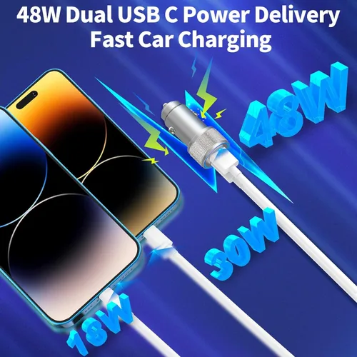 Miniatura 4 de Cargador rápido para automóvil para iPhone, 48 W, puerto dual USB C, adaptador de automóvil de metal con 2 cables Lightning, PD/QC 3.0 tipo C, carga