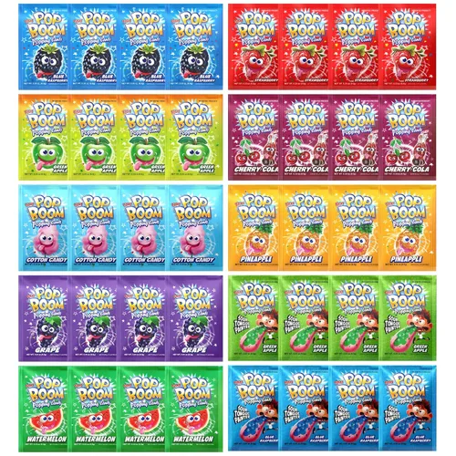Miniatura 12 de Tiltay Pop Boom Popping Candy - Surtido de 4 sabores, fresa, cereza cola, manzana verde, frambuesa azul, 12 paquetes
