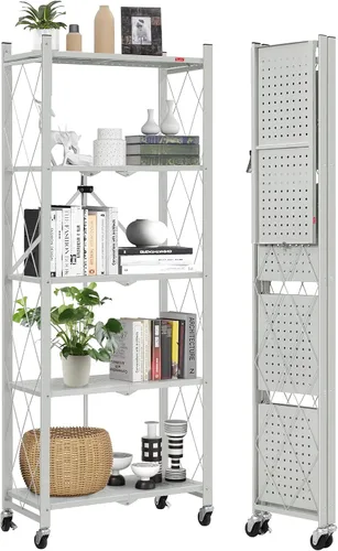Miniatura 24 de DEANIC Estantería plegable de 5 estantes con ruedas, Estantería rodante de almacenamiento de servicio pesado, Unidad de estantería de alambre