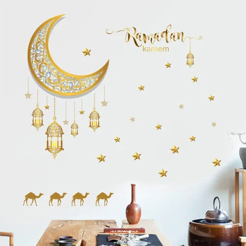 Miniatura 8 de Calcomanías de decoración de pared de Ramadán, calcomanías de pared musulmanas islámicas Eid Mubarak Ramadán, farol, luna, estrella, ventana