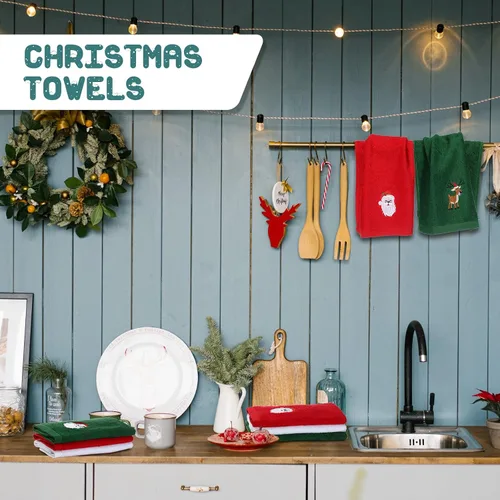 Miniatura 3 de Macarrie 12 toallas de mano navideñas para baño, cocina, paños de cocina de algodón, absorbentes, rojo, verde, blanco, regalos de Navidad