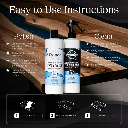 Miniatura 5 de Promise Epoxy - Kit de 32 onzas de pulimento profesional (16 oz) y limpiador (16 oz), especialmente formulado para resina epoxi y acabados de alto