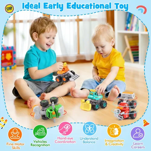 Miniatura 7 de ORWINE Coches de juguete para bebés, autos para niños y niñas, camiones de acrobacias accionados por fricción, 4 unidades de vehículos