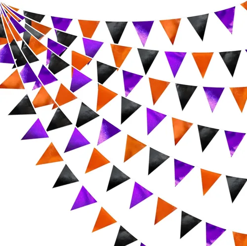 Miniatura 32 de Decoración de fiesta iridiscente de 33 pies, tela holográfica, banderín triangular, banderín de algodón, guirnalda de banderines para cumpleaños