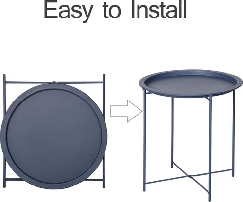Miniatura 5 de VECELO Mesas auxiliares modernas, bandeja plegable redonda de metal, mesita de noche estable para exteriores, espacio pequeño, sala de estar y Azul