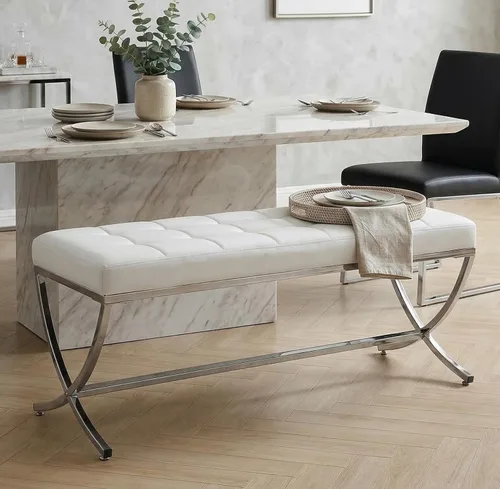 LukeAlon Moderno banco de comedor de piel sintética, banco otomano con botones copetudos con acabado cromado en forma de X, banco tapizado para el