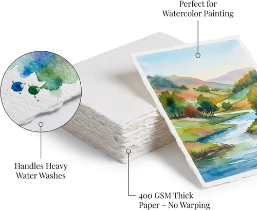 Miniatura 6 de 400 GSM / 25 hojas - Papel de dibujo/boceto de acuarela rugoso/texturizado - 8"X6" (A5) - Papel de algodón con borde envejecido hecho a mano
