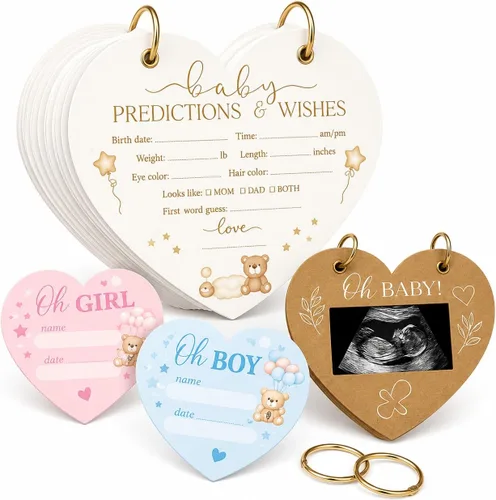 OnlyBP® 50 tarjetas de predicciones para baby shower en forma de corazón - Divertidos juegos de baby shower y libro de invitados - Género neutro