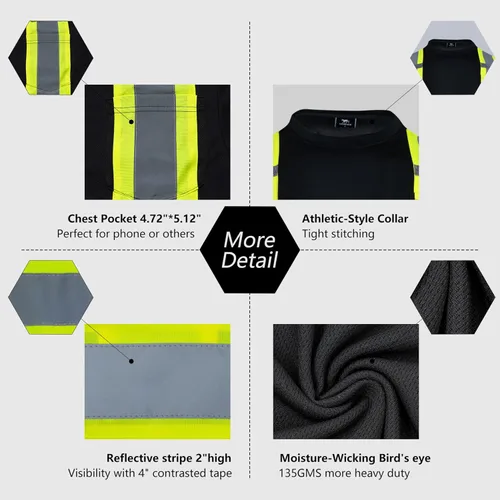 Miniatura 5 de VENDACE Camiseta de Seguridad Reflectante de Alta Visibilidad 3 Paquetes Hi Vis Camisa de Trabajo de Construcción de Manga Larga Negro