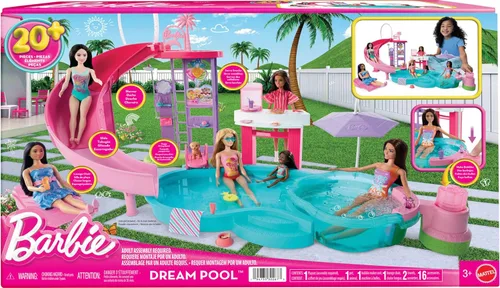Miniatura 6 de Barbie Juego de piscina de ensueño con 6 áreas de juego, incluyendo tobogán y jacuzzi burbujeante, además de más de 20 accesorios como mascota