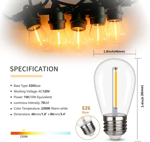 Miniatura 2 de Bombillas LED S14 de repuesto, Bombillas LED S14 irrompibles e impermeables de 1 W, luces de cadena para exteriores, bombillas LED Edison de base