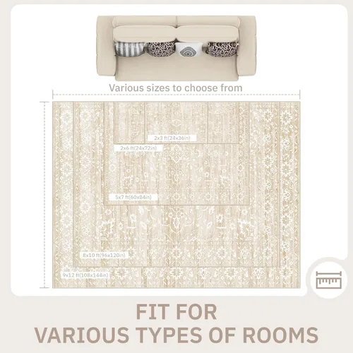 Miniatura 2 de Soalmost Alfombras de área de 5 x 7 pies para sala de estar, alfombras lavables florales beige para comedor, dormitorio, oficina en casa, alfombra