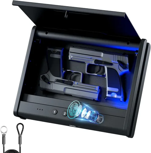 PINEWORLD Caja fuerte para armas, caja de seguridad biométrica para pistola, caja fuerte para pistola con teclado retroiluminado de huellas