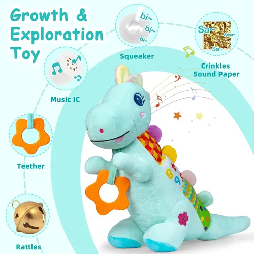 Miniatura 3 de Juguetes de dinosaurio para bebé de peluche suave para 0-3-6-12+ meses, juguete musical para bebé con sonajero, chirrido, crujido sensorial, Azul