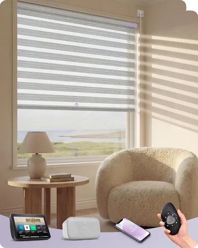 Miniatura 17 de Graywind Persianas motorizadas de cebra para ventanas, persianas inteligentes 100 % opacas con control remoto, persianas de cebra personalizadas