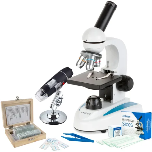 AmScope Súper ahorro: microscopio monocular portátil para estudiantes 40X-1000X con juego de diapositivas preparadas de 25 piezas y pinzas, además
