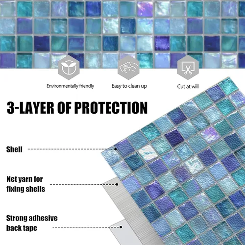 Miniatura 6 de Baldosas de Piso Despegar y Pegar 12x12 Pulgadas Patrón de Mosaico de Vidrio Azul Morado Piso de Vinilo Autoadhesivo Tablones Cuadrados para Cocina