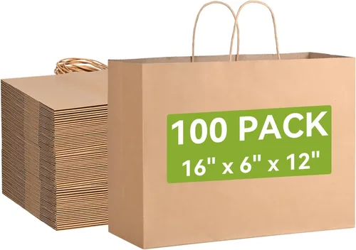 Brothersbox Bolsas grandes de papel marrón con asas, 100 unidades, 16 x 6 x 12 pulgadas, bolsas de regalo de papel kraft a granel para manualidades,