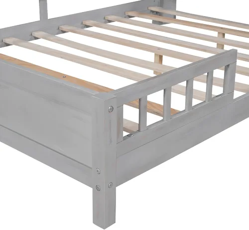 Miniatura 8 de VilroCaz Moderna plataforma de tamaño matrimonial con cabecera de almacenamiento y barandilla de seguridad para niños, plataforma de madera