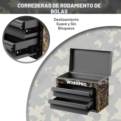 Miniatura 3 de WORKPRO Caja de herramientas mini de metal, cajón superior que contiene dos cajones con guías de rodamientos de bolas, forros de cajones de PVC