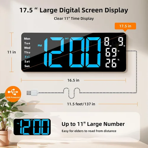 Miniatura 2 de Reloj de pared digital de 17.5 pulgadas, pantalla LED con hora, fecha, mes, temperatura y humedad, control remoto DST, alarma, temporizador, brillo