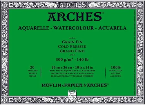 Arches Bloque de acuarela de 10 x 14 pulgadas, papel blanco natural 100% algodón, 20 hojas de papel de acuarela Arches de prensa en frío de 140