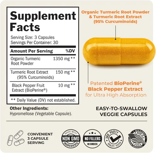 Miniatura 3 de Curcumina de cúrcuma con extracto de pimienta negra de 1500 mg - Suplemento de cúrcuma ultra potente de alta absorción con 95% de curcuminoides
