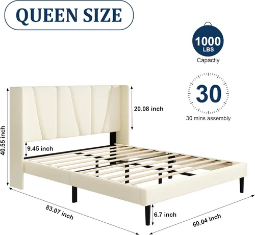 Miniatura 2 de Sismplly Base de cama tamaño Queen con cabecera, cama tamaño Queen tapizada en terciopelo con plataforma y respaldo, base de colchón con soporte