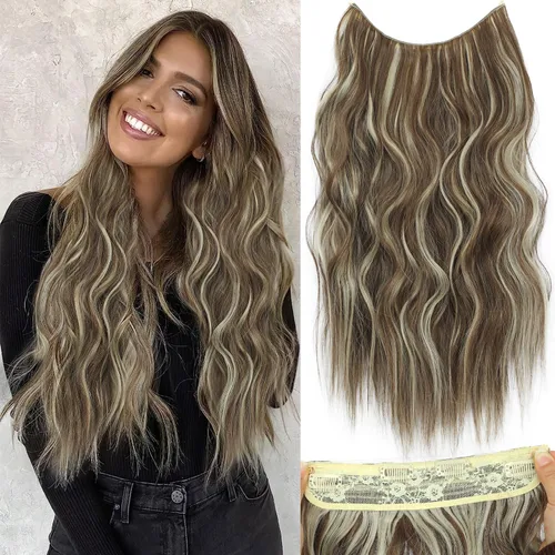 Miniatura 6 de Extensiones de cabello largo ondulado rubio miel con reflejos, línea de pescado transparente, postizo sintético con 4 clips de seguridad, diadema
