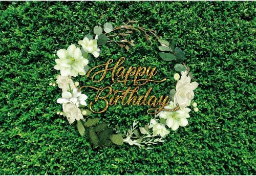 AOFOTO Fondo de pared de cumpleaños de 7 x 5 pies para mujer, hojas verdes, hierba, flores blancas, jardín de primavera, naturaleza, fotografía,