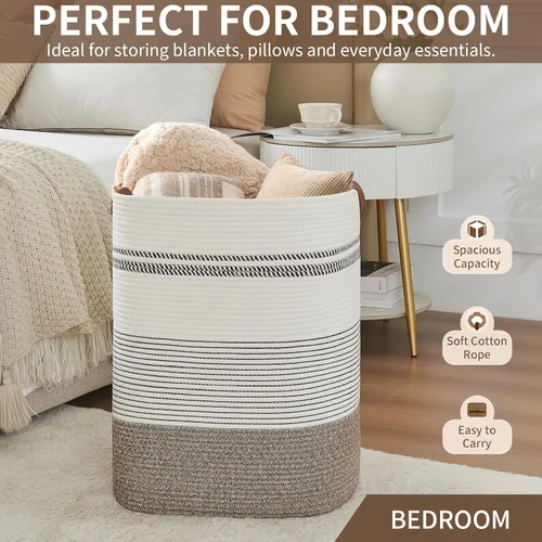 Miniatura 6 de AINUOQI Cesta de lavandería – Cesta alta de cuerda tejida para ropa sucia – Cesta de ropa con asas de cuero, 17 x 13.8 x 22 pulgadas, cesta de Arroz