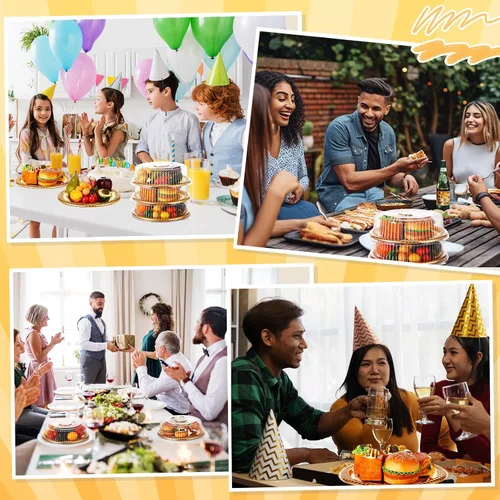 Miniatura 5 de Nitial 12 Piezas Bandejas de Servicio Resistentes con Tapa Transparente, Bandejas Redondas Elegantes Doradas para Catering Desechables Platos
