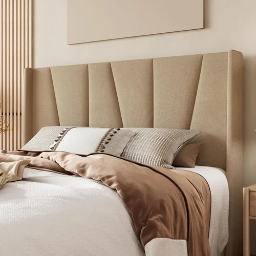 Miniatura 4 de Allewie Base de cama de plataforma tamaño Queen con cabecera geométrica con respaldo de alas, cama tapizada bohemia con soporte de listones de Beige
