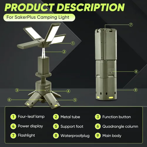 SakerPlus Luz portátil para campamento, linterna telescópica de campamento de 14000 mAh con fuente de alimentación recargable, lámparas magnéticas