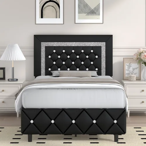 Base de cama individual, plataforma de piel sintética con cabecera tapizada de diamante, base de colchón con fuerte soporte de listones de madera,