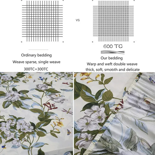 Miniatura 2 de FADFAY Sábanas florales Shabby tamaño King, 100% algodón, 600 hilos, flores blancas y hojas verdes, ropa de cama vintage con estampado botánico