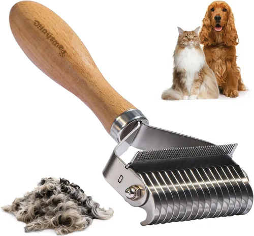 Miniatura 8 de Rastrillo de capa interior para perros, peine profesional para desenmascarar mascotas con mango de madera, cuchillas de acero inoxidable