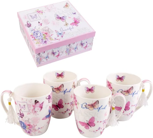 Miniatura 11 de London Boutique Juego de tazas de café de té, 4 porcelana, pájaro, rosa, mariposa, diseño Shabby Chic en caja de regalo, 11 oz