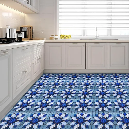 Miniatura 6 de IVN 10 piezas azulejos de suelo de 12x12 pulgadas de vidrio manchado azul con patrón de flores, despegar y pegar, removibles, pegatinas de vinilo