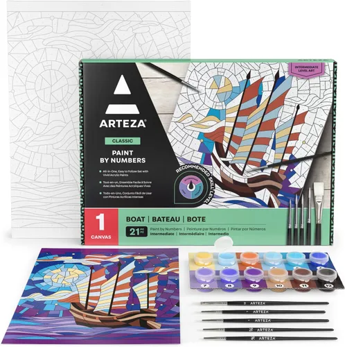 Arteza Pintura por números para adultos, 12 x 16 pulgadas, 21 piezas, kit de pintura de barco por números, viene con 1 panel de lienzo, 12 macetas