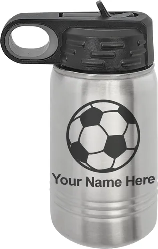 Miniatura 44 de LaserGram Botella de agua personalizada, pelota de fútbol, acero inoxidable de doble pared aislada al vacío con popote superior, regalo grabado